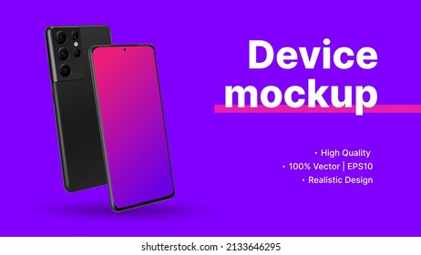 Website Advertisement Banner. Smartphone Diagonal Front and Back View with Blank Screen Mockup. Minimalistic Purple Promotion Slide. Vector illustration