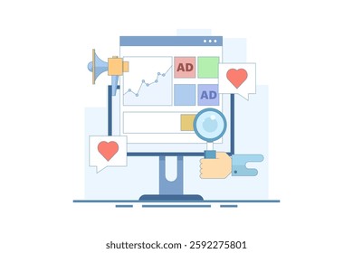 Website advertising campaign analysis concept, Website advertising network, Banner advertising on display networks, Social media promotion, Digital display advertising campaign, vector illustration.