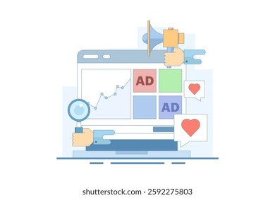 Website advertising campaign analysis concept, Website advertising network, Banner advertising on display networks, Social media promotion, Digital display advertising campaign, vector illustration.