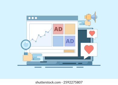 Website advertising campaign analysis concept, Website advertising network, Banner advertising on display networks, Social media promotion, Digital display advertising campaign, vector illustration.