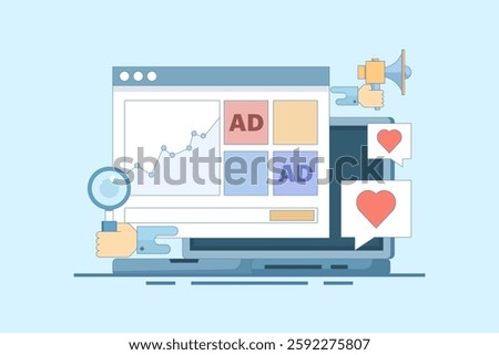 Website advertising campaign analysis concept, Website advertising network, Banner advertising on display networks, Social media promotion, Digital display advertising campaign, vector illustration.