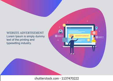 Website advertising, digital marketing, display marketing on internet, flat design illustration with icons and characters