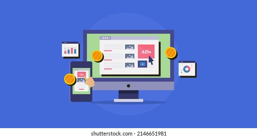 Website advertising, Paid marketing campaign, Website banner ads, Sponsored advertising, mobile ads - flat design vector illustration with icons