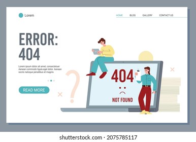 Website alert page, 404 error page not found information template. Tiny people with tablet and notepad around laptop showing 404 error on empty screen. Cartoon flat vector illustration.