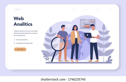 Website analysis concept web banner or landing page. Web page improvement for business promotion as a part of marketing strategy. Website analysis to get data for SEO. Isolated flat illustration