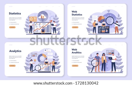 Website analysis concept web banner or landing page set. Web page improvement for business promotion as a part of marketing strategy. Website analysis to get data for SEO. Isolated flat illustration