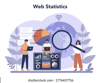 Website analysis concept. Web page improvement for business promotion as a part of marketing strategy. Website analysis to get data for SEO. Isolated flat illustration
