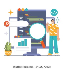 Website analysis. Conversion rate and traffic analysis. Experts analyzing website performance. User engagement strategy. SEO optimization. Flat vector illustration