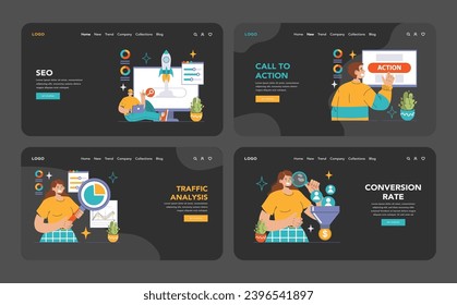 Website analysis dark or night mode web or landing set. Conversion rate and traffic analysis. Experts analyzing website performance. User engagement strategy. SEO optimization. vector illustration