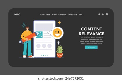 Website analysis dark or night mode web or landing. Conversion rate and traffic analysis. Experts analyzing website performance. User engagement strategy. SEO optimization. Flat vector illustration