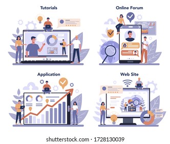 Website analysis online service or platform set. Web page improvement for business promotion as a part of marketing strategy. Online video tutorial, forum, website, application. Vector illustration