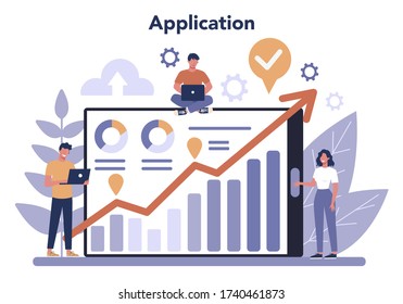 Website Analyse Online-Service oder Plattform. Verbesserung der Webseite für die Unternehmensförderung als Teil der Marketingstrategie. Anwendung. Vektor-Abbildung