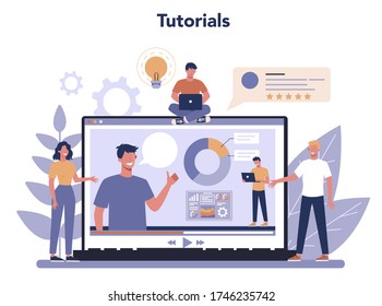 Website analysis online service or platform. Web page improvement for business promotion as a part of marketing strategy. Online video tutorial. Vector illustration