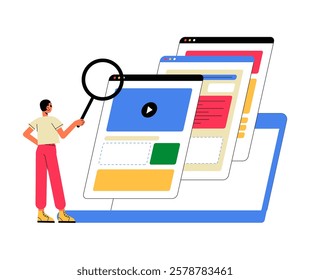 Website Analysis And Optimization With Male Specialist In Flat Vector Illustration Symbolizing SEO, Web Development, And Performance Audit, Isolated On White Background.