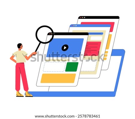 Website Analysis And Optimization With Male Specialist In Flat Vector Illustration Symbolizing SEO, Web Development, And Performance Audit, Isolated On White Background.