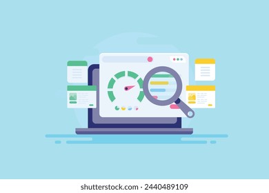 Website analysis report, Checking website SEO score, SEO tool, Website optimization software - vector illustration background with icons