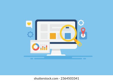Website-Analyse-Bericht, SEO-Audit, Website-Management, Digital-Marketing-Strategie, Social-Media-Analyse - Vektorgrafik-Banner mit Symbolen