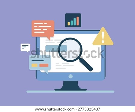 Website Analysis with Search Magnifier and Warning Alert – SEO Audit Digital Marketing Vector