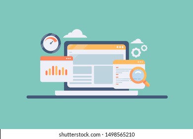 Website analysis, Seo, Coding, loading speed, concept vector banner with icons isolated on green background