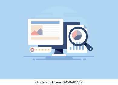 Website analysis tool, Software checking website SEO score, Website traffic report, SEO report - vector illustration background with icons