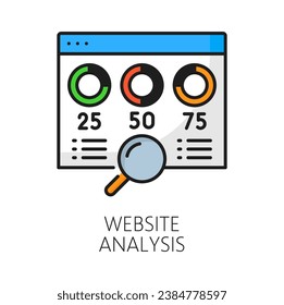 Website analysis. Web audit icon of vector SEO or search engine optimization research statistic infographics, thin line web page and pie charts. Website development, digital business and ecommerce