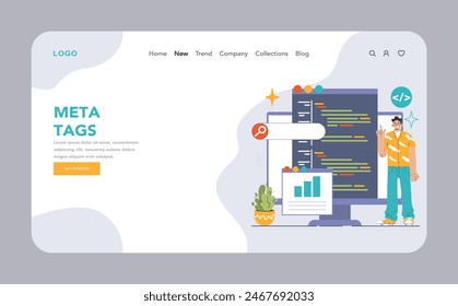 Web o aterrizaje de análisis de Sitio web. Tasa de conversión y análisis de tráfico. Expertos analizando el rendimiento del Sitio web. Estrategia de participación del usuario. Optimización SEO. Ilustración vectorial plana