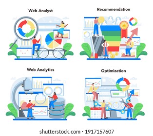 Website analyst concept set. Web page improvement for business promotion and optimization. Website analysis to get data for SEO. Isolated flat illustration