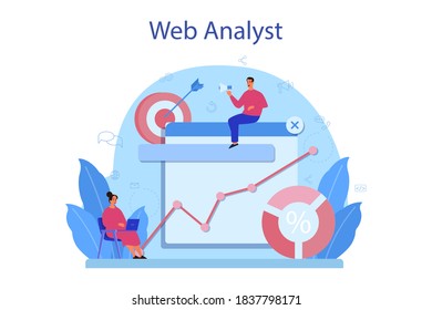Website analyst concept. Web page improvement for business promotion as a part of marketing strategy. Website analysis to get data for SEO. Isolated flat illustration