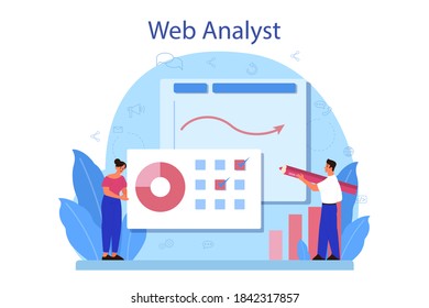 Website analyst concept. Web page improvement for business promotion as a part of marketing strategy. Website analysis to get data for SEO. Isolated flat illustration