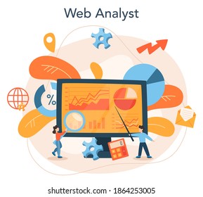 Website analyst concept. Web page improvement for business promotion as a part of marketing strategy. Website analysis to get data for SEO. Isolated flat illustration