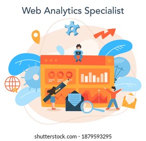 Website analyst concept. Web page improvement for business promotion as a part of marketing strategy. Website analysis to get data for SEO. Isolated flat illustration