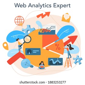 Website analyst concept. Web page improvement for business promotion as a part of marketing strategy. Website analysis to get data for SEO. Isolated flat illustration