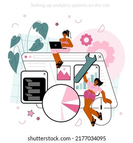 Website analyst concept. Web page analysis and optimization for business promotion. Website analysis to report data for SEO, website effectiveness improvement. Flat vector illustration