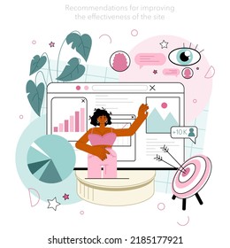 Website analyst concept. Web page analysis and optimization for business promotion. Website analysis to report data for SEO, website effectiveness improvement. Flat vector illustration