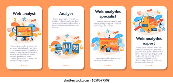 Website analyst mobile application banner set. Web page improvement for business promotion as a part of marketing strategy. Website analysis to get data for SEO. Isolated flat illustration