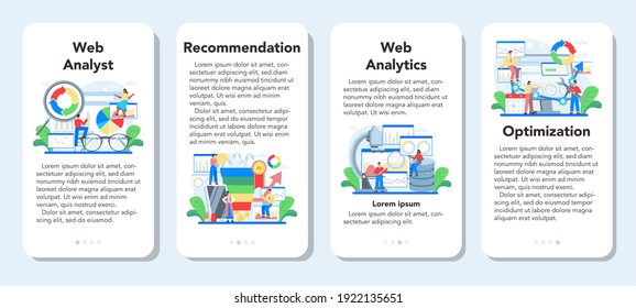 Website analyst mobile application banner set. Web page improvement for business promotion and optimization. Website analysis to get data for SEO. Isolated flat illustration