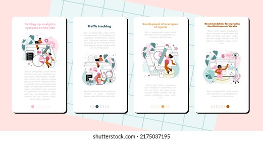 Website analyst mobile application banner set. Web page analysis and optimization for business promotion. Data for SEO, website effectiveness improvement. Flat vector illustration