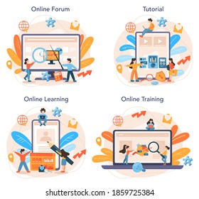 Website analyst online service or platform set. Web page improvement for business promotion as a part of marketing strategy. Online forum, tutorial, learning, training. Isolated flat illustration