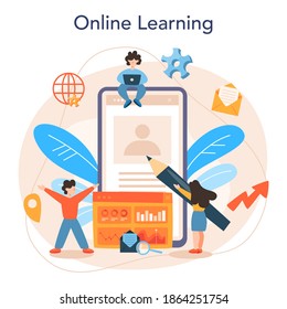 Servicio o plataforma en línea de analistas de sitios web. Mejora de páginas web para la promoción de negocios como parte de la estrategia de marketing. Aprendizaje en línea. Ilustración plana aislada