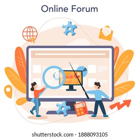 Website analyst online service or platform. Web page improvement for business promotion as a part of marketing strategy. Online forum. Isolated flat illustration