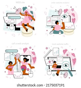 Analista de sitios web en línea o conjunto de plataformas. Análisis y optimización de páginas web para la efectividad del sitio web. Pedido en línea, llamada, seguimiento, sitio web. Ilustración vectorial plana