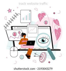 Website analyst online service or platform. Web page analysis and optimization for website effectiveness. Online tracking. Flat vector illustration