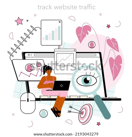 Website analyst online service or platform. Web page analysis and optimization for website effectiveness. Online tracking. Flat vector illustration