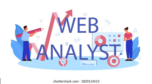 Website analyst typographic header. Web page improvement for business promotion as a part of marketing strategy. Website analysis to get data for SEO. Isolated flat illustration