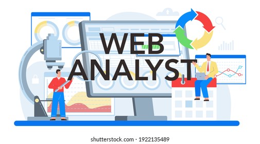 Website analyst typographic header. Web page improvement for business promotion and optimization. Website analysis to get data for SEO. Isolated flat illustration