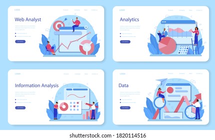 Website analyst web banner or landing page set. Web page improvement for business promotion as a part of marketing strategy. Website analysis to get data for SEO. Isolated flat illustration