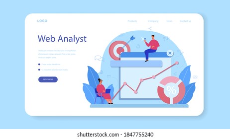 Website analyst web banner or landing page. Web page improvement for business promotion as a part of marketing strategy. Website analysis to get data for SEO. Isolated flat illustration