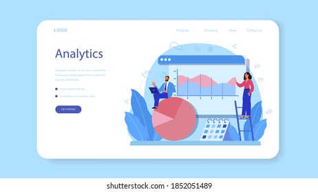 Website analyst web banner or landing page. Web page improvement for business promotion as a part of marketing strategy. Website analysis to get data for SEO. Isolated flat illustration