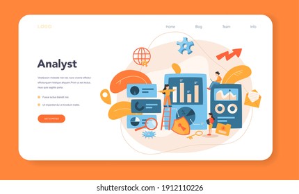 Website analyst web banner or landing page. Web page improvement for business promotion as a part of marketing strategy. Website analysis to get data for SEO. Isolated flat illustration