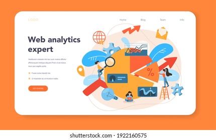 Analista de sitios web banner o página de inicio. Mejora de páginas web para la promoción de negocios como parte de la estrategia de marketing. Análisis de sitios web para obtener datos para SEO. Ilustración plana aislada